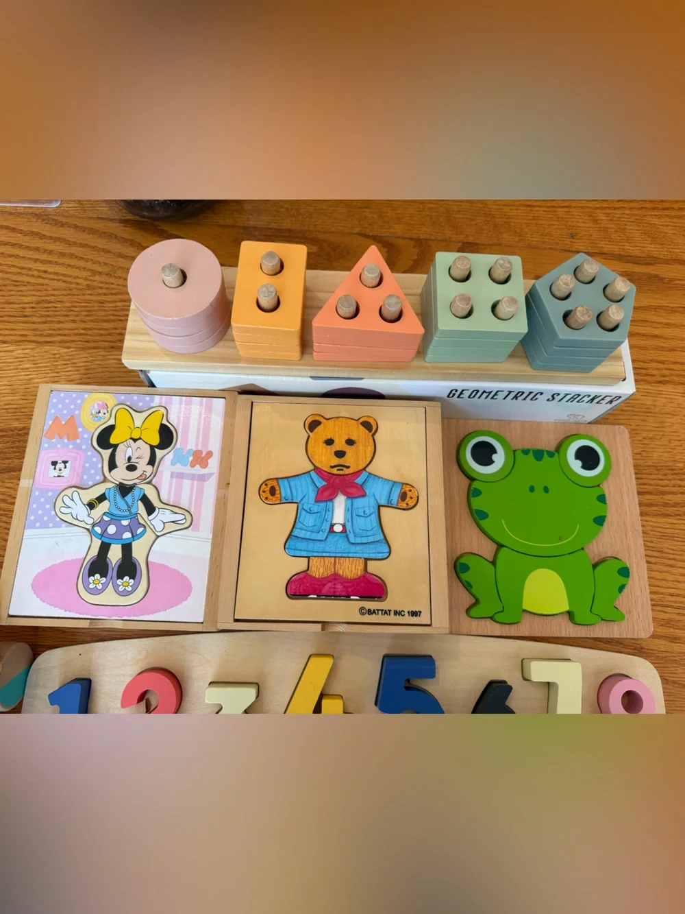 Children’s wooden toys puzzle numbers wagon stackable shapes ball toddler Minnie